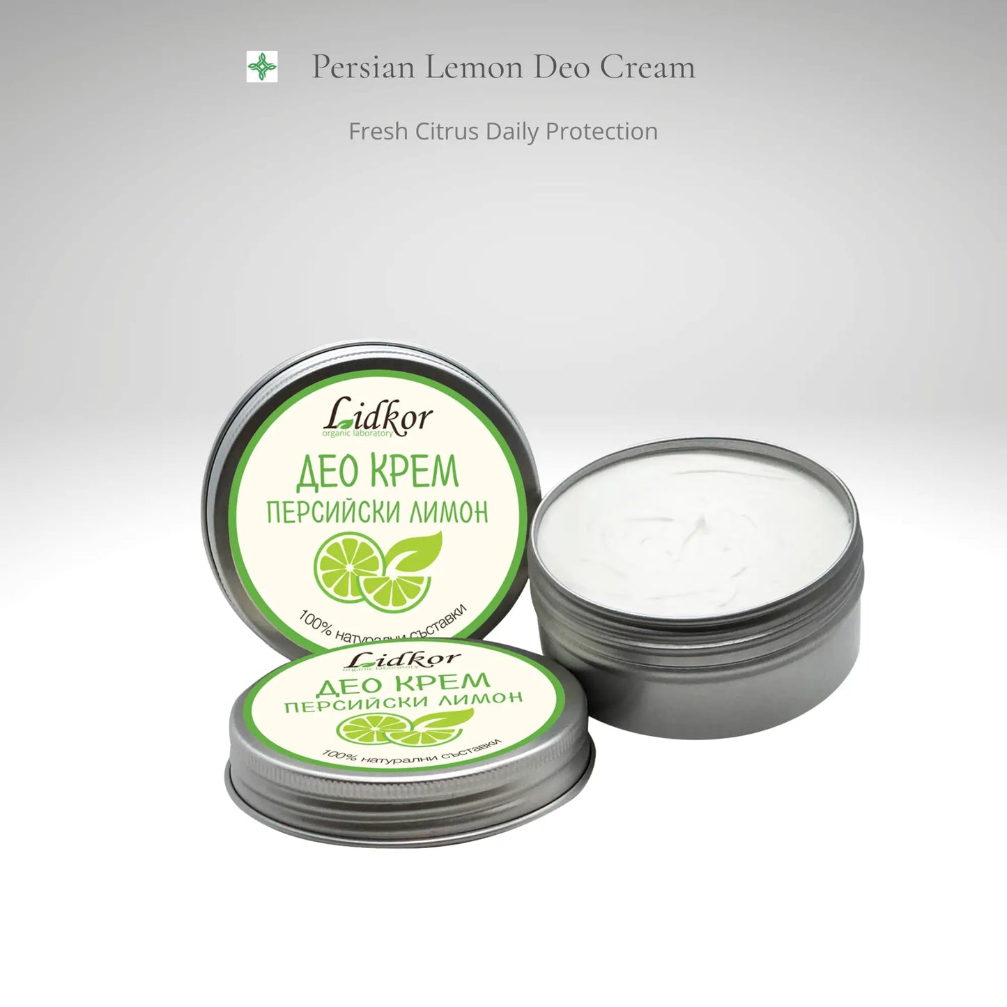 Natural deo cream Persian Lemon by Lidkor in premium jar packaging, botanical deodorant cream for long-lasting freshness, odor protection and gentle skin care