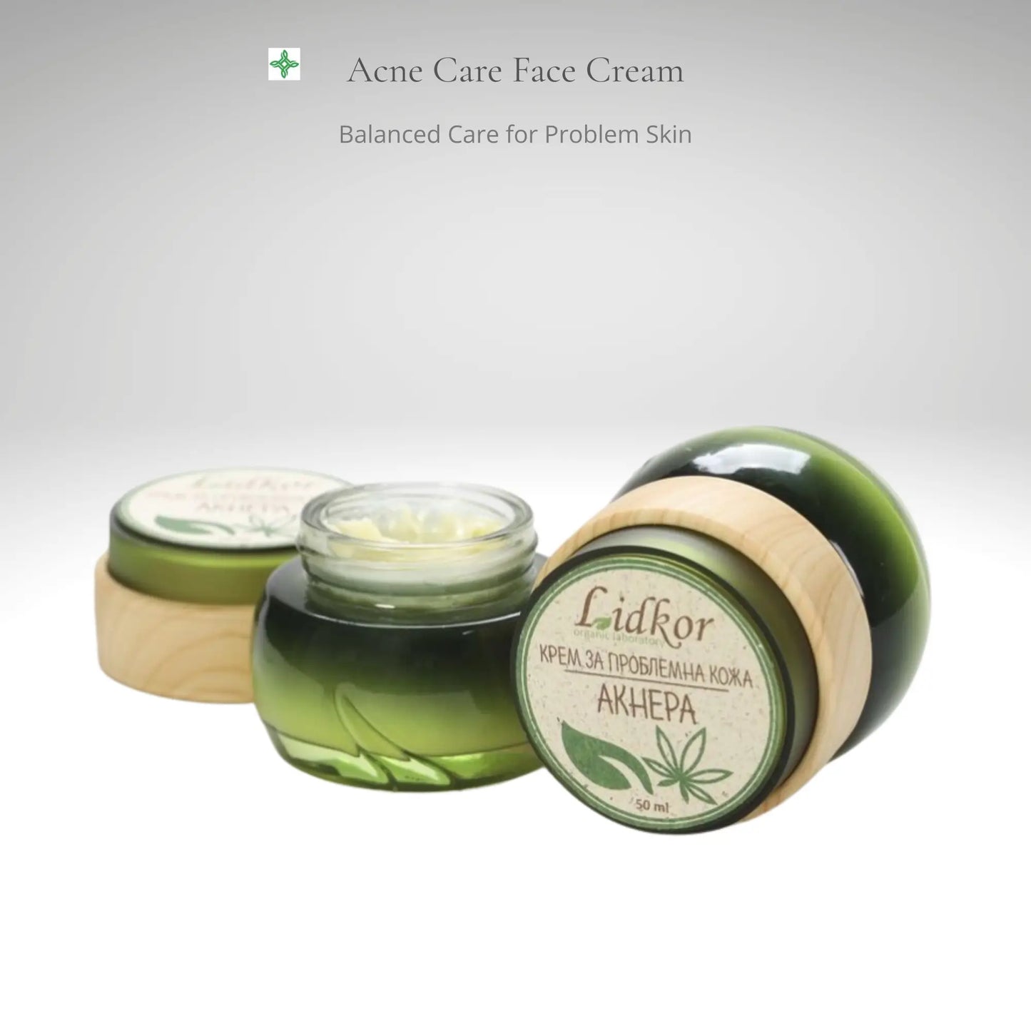 Acne face cream by Lidkor in premium jar packaging, botanical skincare for oily and problem skin, helping balance sebum and improve skin clarity