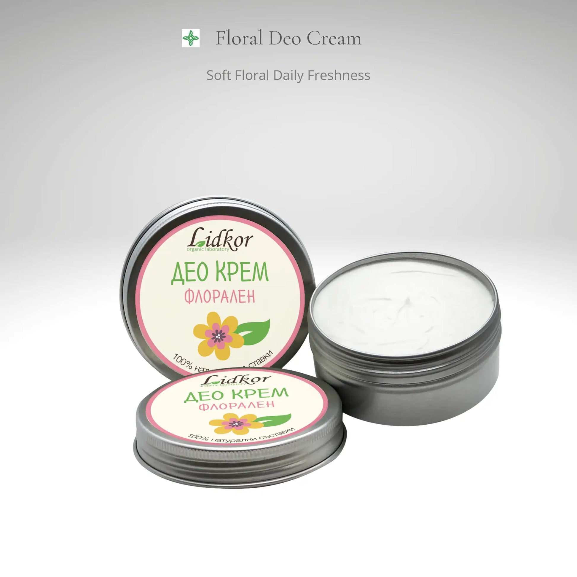 Natural floral deo cream by Lidkor in premium jar packaging, botanical deodorant for long-lasting freshness, odor protection and gentle daily skin care