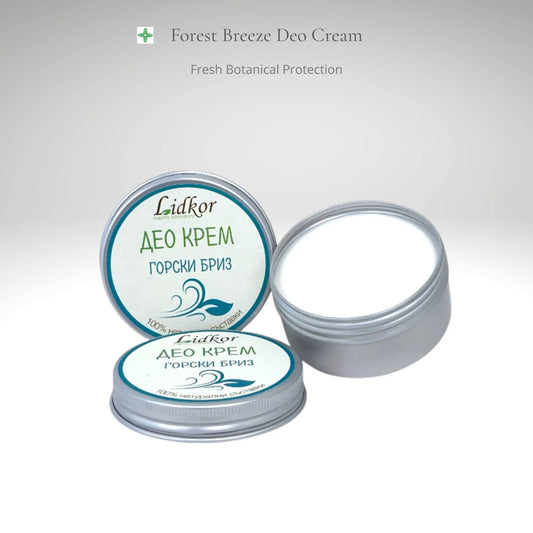 Natural deo cream Forest Breeze by Lidkor in premium jar packaging, botanical deodorant cream for long-lasting freshness and odor protection with gentle skin care