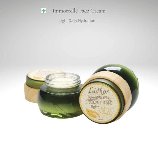 Premium light immortelle face cream by Lidkor in glass jar packaging, natural hydrating care with aloe vera for soft and balanced skin
