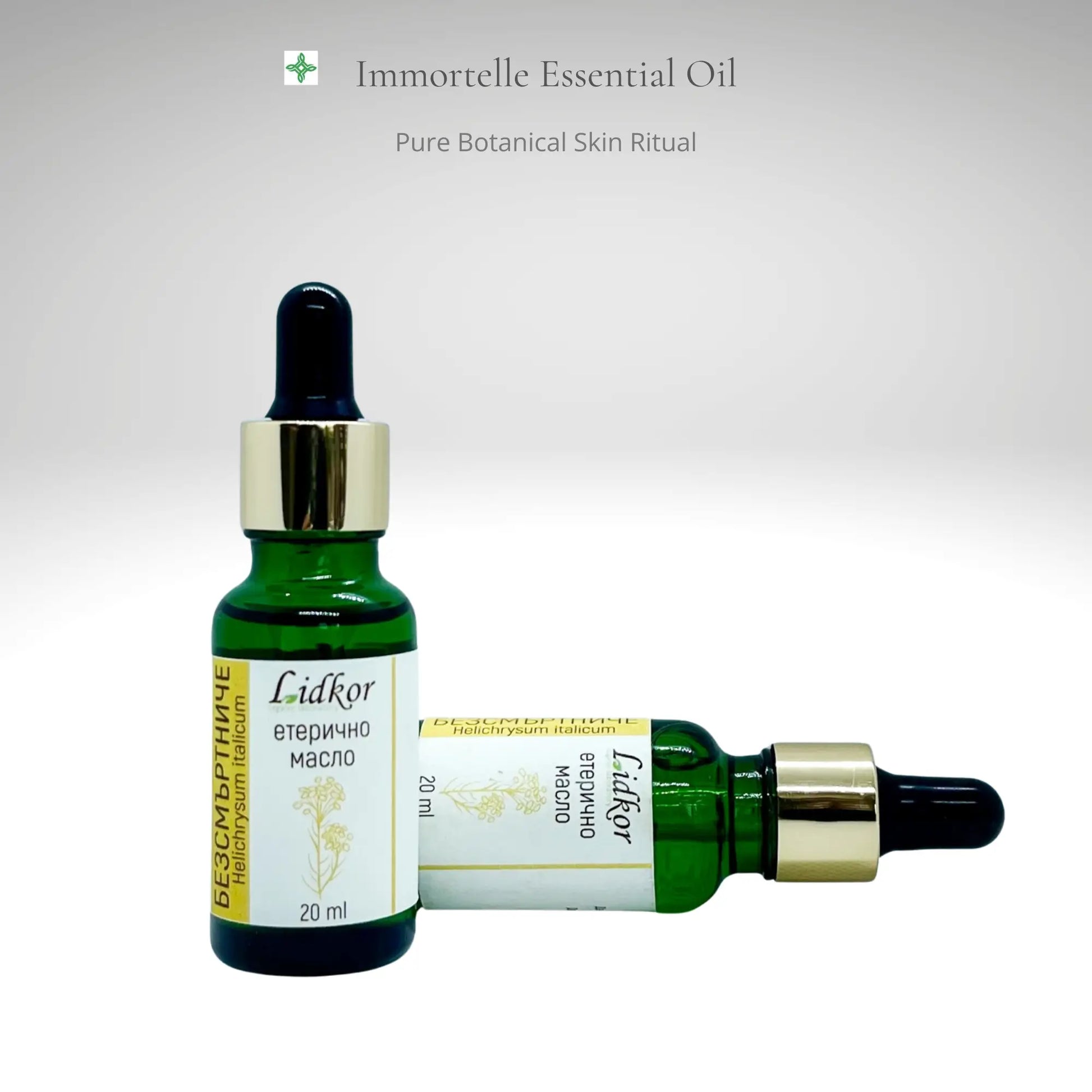 Premium immortelle essential oil by Lidkor in glass dropper bottle, natural botanical oil for aromatherapy and cosmetic use