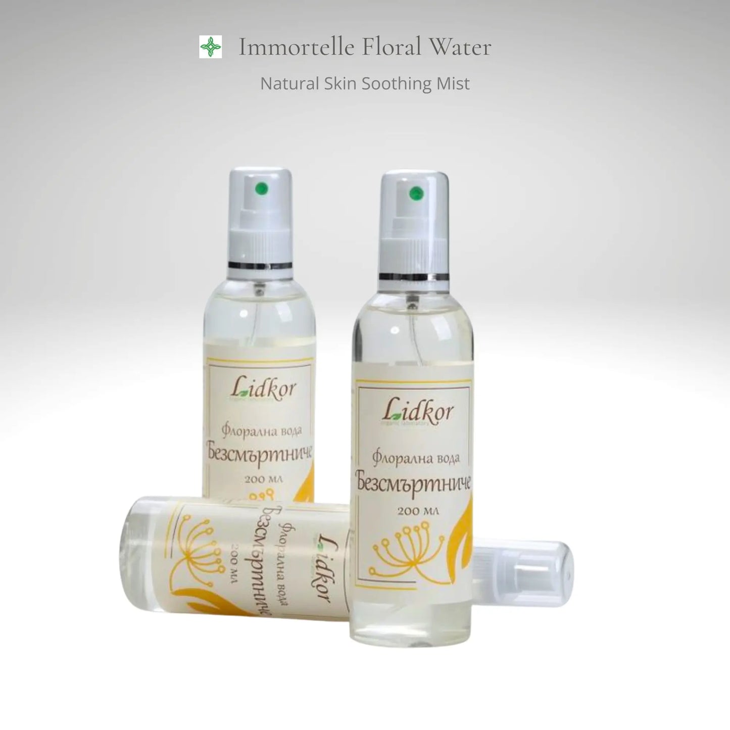 Immortelle floral water by Lidkor in spray bottle, natural botanical hydrosol for face toning, hydration and refreshing skincare routine