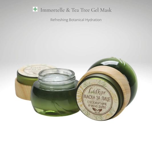 Gel face mask with immortelle and tea tree by Lidkor in premium jar packaging, botanical skincare for cleansing, soothing and balancing oily and problem-prone skin