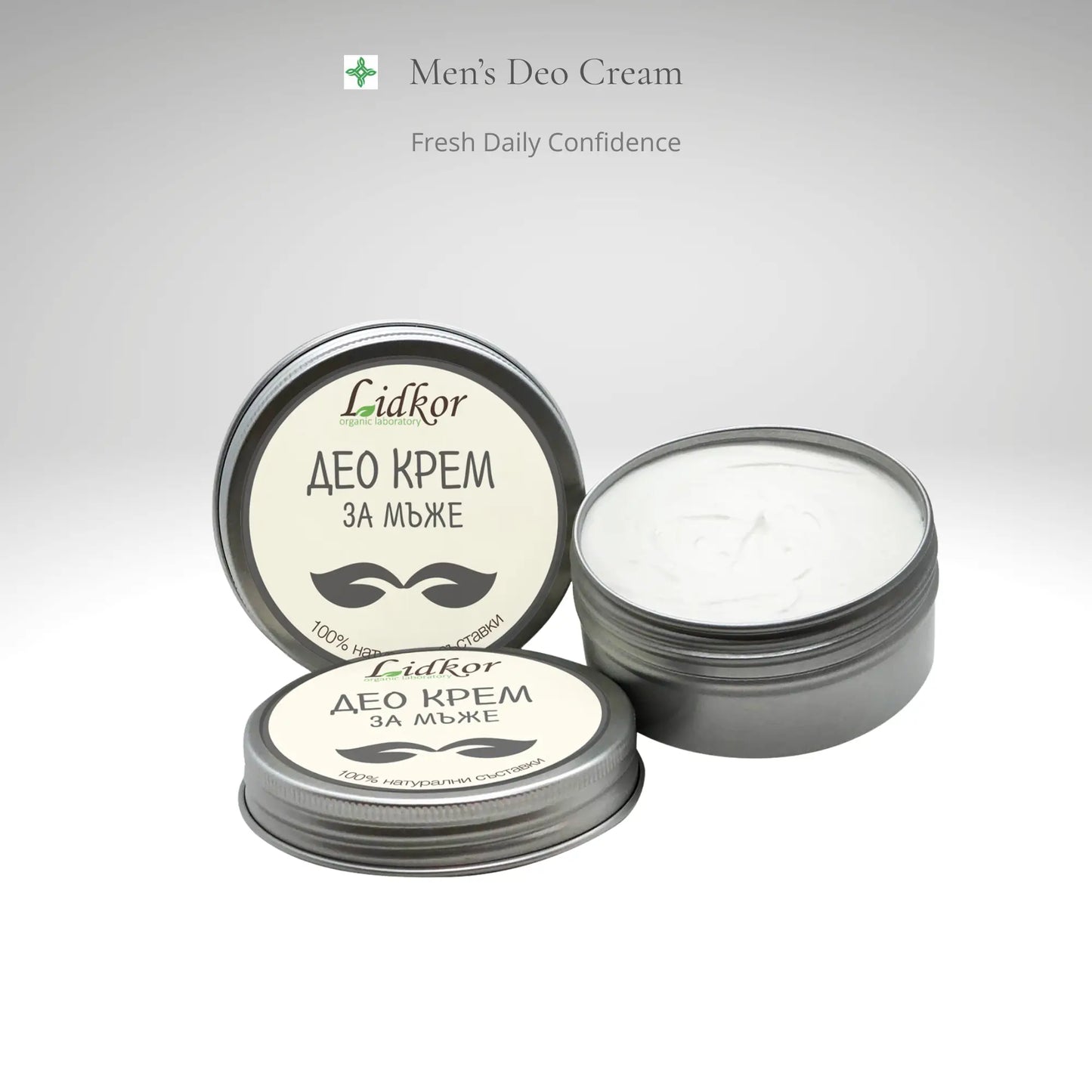 Natural men’s deo cream by Lidkor in premium jar packaging, botanical deodorant for long-lasting freshness, odor protection and confident daily care