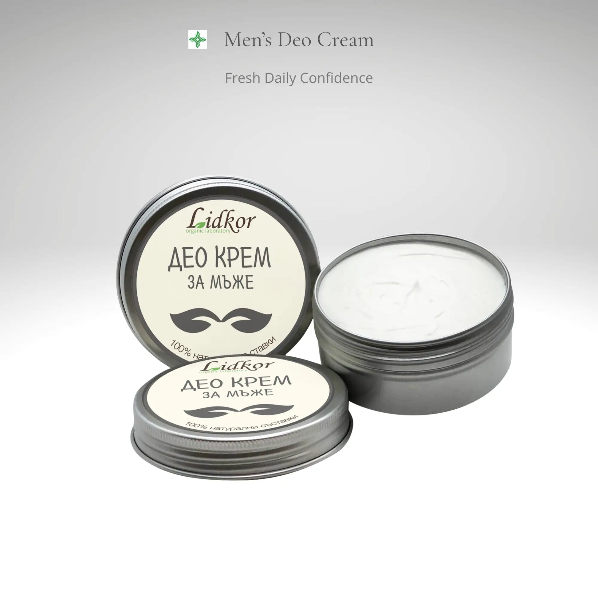Natural men’s deo cream by Lidkor in premium jar packaging, botanical deodorant for long-lasting freshness, odor protection and confident daily care