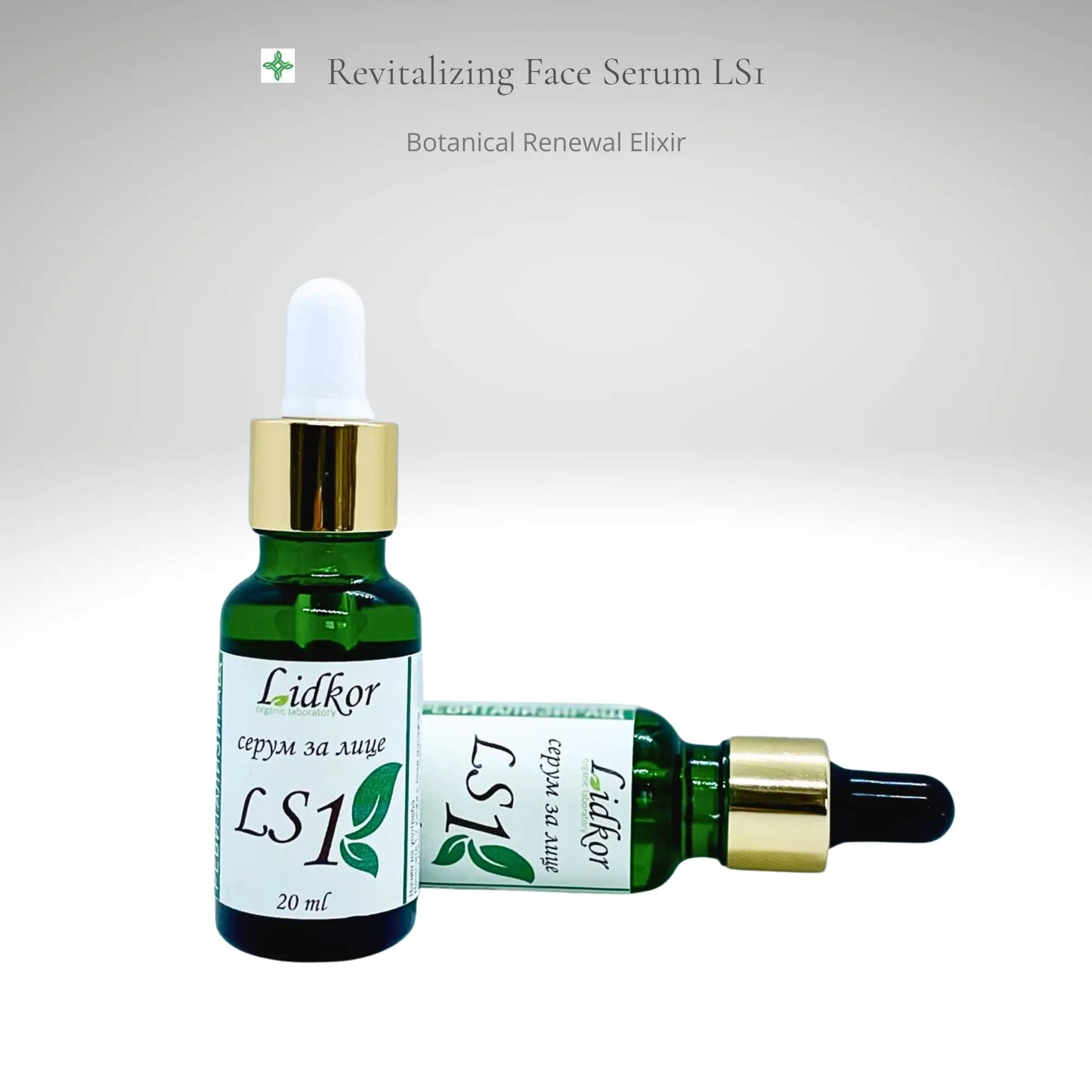 Revitalizing facial serum LS-1 by Lidkor in premium glass bottle, botanical oil complex with immortelle and prickly pear for hydration, nourishment and radiant-looking skin