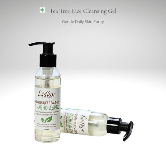 Tea tree facial cleansing gel by Lidkor in bottle packaging, gentle botanical face wash for daily cleansing, refreshed and balanced skin